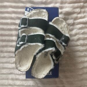 Birkenstock Dark Green Fuzzy Sandals